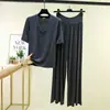 Conjunto de moda para mujer, pantalones de verano finos de pierna ancha de modal casual, talla grande holgados, con camiseta de cuello en V empalmada y manga de cinco cuartos