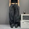 Calça Jeans Wide Leg Listrada Preta de Cintura Alta com Pregas Duplas Linha A Estilo High Street Americano Masculina Feminina Casual Retrô Tendência