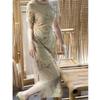 DIANRUO [ni xian] novo estilo chinês cintura apertada vestido de chiffon das mulheres de verão de manga curta impresso melhorado vestido cheongsam