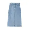 Saia jeans de comprimento médio de cintura alta com fenda, feminina 2026 nova primavera/verão solta em linha A corte reto bodycon