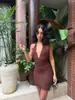 Vestido de Punto Europeo y Americano Sexy Sexy de Cuello Halter Espalda Descubierta Blusa Falda Borla Cuello en V