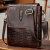 Bolsa Transversal Masculina de Couro Genuíno Padrão Crocodilo Bolsa de Ombro Vintage Casual Tendência Camada Couro Bovino Bolsa Masculina para Esportes ao Ar Livre