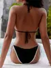 Nuevo Bikini de Dos Piezas con Separación y Cordones Triangulares de Encaje, Combinación de Colores Sencilla, para Mujer Europea y Americana