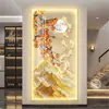 Pintura decorativa para recibidor con caquis simbolizando buena fortuna y montañas iluminadas por el sol, colgada directamente sobre la puerta, mural de pasillo con iluminación LED