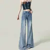 Jeans Vintage de Mujer de Nuevo Estilo Americano, Azul Claro, de Cintura Alta, Ligeramente Acampanados, Corte Holgado
