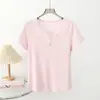 Camiseta Fina Elástica de Manga Corta con Cuello en V para Mujer, Mezcla de Algodón y Poliéster de Alta Calidad, Color Sólido, Versátil y Adelgazante, con Media Botonadura