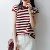 Top de punto a rayas de algodón puro para verano, manga corta, cuello semi-alto, bloques de color, rayas, corte holgado, estilo coreano, elegante, simple, adelgazante, para mujer