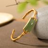 Estilo Étnico Plata 925 Chapada con Jade Hetian Natural Púrpura Ahumado Hoja de Bambú Estilo Chino Vintage Pulsera para Mujer