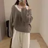 Conjunto de dos piezas versátil de suéter de punto de bloque de color estilo coreano transfronterizo, hombros descubiertos, para mujer, otoño e invierno, suéter holgado suave