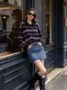 Suéter de Punto a Rayas Retro con Solapa para Mujer, Suéter Holgado de Bloques de Color con Cuello Polo, Fuente Mayorista para Transmisiones en Vivo de Ropa de Otoño e Invierno para Mujer