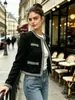 Estilo Lujo Francés Pequeño Chaqueta Corta de Tweed Negro Mujer Primavera Otoño Cuello Redondo Ribete de Bloque de Color Socialité de Alto Nivel