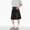 Pantalones cortos de mezclilla para hombre, holgados, ligeramente elásticos, en stock, con diseño de bordado en bolsillo lateral, corte recto, estilo retro americano