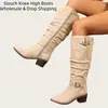 Botas de Cano Alto com Salto Grosso, Botas Western com Fivela de Cinto, Botas de Moda Feminina Tamanho Grande, Zíper Lateral, Bico Redondo Botas de Equitação