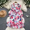 Vestido Floral Estilo Romântico Francês com Manga Bufante para Mulheres 2026 Outono Decote V Cintura Marcada Emagrecedor Elegante Chiffon Saia Evasê