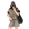 Traje Casual de Estilo Coreano para Mujer de Comercio Exterior Transfronterizo, Sudadera Rayada de Manga Corta, Adelgazante y Rejuvenecedora, Conjunto Deportivo y de Moda de Dos Piezas