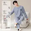 Pijama para Hombre Estilo Primavera y Otoño Algodón Puro Manga Larga Pantalón Largo Cuello Redondo Pulóver Simple Casual Tallas Grandes Se Puede Usar Fuera de Casa Ropa de Casa