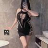 Uniforme de paixão roxa, meias de rede sensuais, rede sem virilha, tentação, flerte quente, cama, sexo, roupa íntima