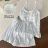Pijama com Bojo para Mulheres, Shorts de Alcinha Listrado Fino de Verão, Conjunto Doce de Roupa de Casa Estilo Coreano Que Pode Ser Usado Fora