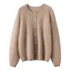 26 Otoño/Invierno Nuevo 100% Cachemira Dobladillo Enrollado Cuello Redondo Cardigan de Punto Manga Larga Abullonada Color Sólido Suéter de Cachemira Cepillada