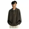 Suéter Casual Cálido de Jacquard para Hombre 2026 Cuello Solapa Otoño Primavera Puño de Canalé Grueso Tejido de Punto de Color Sólido