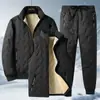 Casaco de pele de cordeiro de inverno gola alta acolchoado com algodão casaco acolchoado com algodão jaqueta acolchoada com algodão forrada de fleece masculino tamanho plus size jaqueta acolchoada com algodão calça acolchoada com algodão colete de três peças