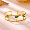 Pulsera de Acero de Titanio con Goteo de Aceite y Oro de 18K, Estilo Océano de Esmalte de Alta Gama, Diseño de Estrella de Mar y Palmera, Brazalete Abierto de Acero Inoxidable de Lujo Ligero