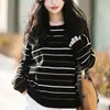Suéter de punto casual a rayas para mujer, algodón puro, cuello redondo, hombros caídos, corte holgado, simple y versátil para el uso diario, mangas largas, estilo pullover