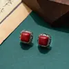 Aretes de Moda en Vivo Cuadrados con Incrustaciones de Ágata Roja Imitación Aretes Vintage Elegantes Aretes Moda OL Simples de Plata para Mujer