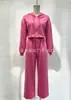 Conjunto de sudadera corta con capucha de color liso transfronterizo con chaqueta cárdigan con cremallera y pantalones anchos de cintura alta conjunto de dos piezas para moda femenina europea y americana