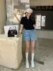 Top Estilo Verão Fabricado na Europa Linhas Treze de Guangzhou Estilo Coreano Vintage Shorts de Trabalho Wrap-Around com Shorts Jeans Patchwork 82586