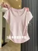 Algodón Puro Elástico Suave Azul Claro Diseño Adelgazante Top Plisado Hombro Derecho Manga Corta Verano para Mujer Sencillo Versátil Camiseta