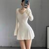 Vestido de punto acanalado de manga larga acampanado con cuello en V para mujer, con cinturón para ceñir la cintura, adelgazante, línea A, moda, dobladillo con volantes, vestido corto