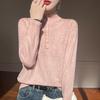 Suéter de Encaje Nuevo de Primavera con Cuello Semi Abierto para Mujer, Lana Peinada Delgada de Manga Larga, Camisa Base Jacquard Estilizada con Borde Interior