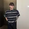 Camiseta de Manga Corta a Rayas de Algodón Puro de Marca de Moda para Hombre, Nuevo Estilo Coreano de Verano 2025, Top Holgado Casual Versátil de Media Manga