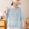 Camisa Cool de Estilo Chino Retro con Mangas de Cinco Puntas para Mujer, Verano, Delgada, Cuello Redondo, Camiseta Holgada, Adelgazante, Versátil, Top de Manga Corta