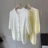 E Home Retro Estilo Chanel Lino Algodón Suave Tridimensional Cuello Redondo Manga Corta Color Sólido Cardigan de Punto Top para Mujer Verano Y0504K