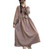 Vestido Midi de Algodão Retrô Artístico com Estampa Xadrez, Cordão na Cintura e Cadarço Feminino Nova Coleção Primavera Solto Emagrecedor