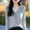 Nuevo cárdigan de punto de algodón puro con cuello en V para otoño e invierno para mujer, suéter holgado de talla grande, ropa de mujer, top de manga larga de alta gama