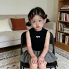 Saia Plissada de Verão para Meninas, Saia Floral Infantil da Moda, Conjunto de Duas Peças com Colete e Manga Curta