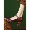 Sapatos Mary Jane quadrados vintage estilo francês com salto grosso, alça de fivela e corte baixo para mulheres