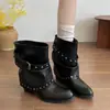 Botas de Punta Acampanadas con Volantes Apilados Botines Vaqueros Occidentales para Mujer Verano 2026 Nuevas Botas de Montar de Tacón Grueso Adelgazantes