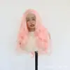 Peluca larga rizada con encaje frontal rosa, fibra sintética mate de alta temperatura, para sesiones de fotos, cosplay y producciones de dramas cortos; venta al por mayor del fabricante