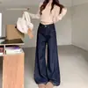Estilo Americano Cobrindo o Quadril Novos Jeans azul escuro Roupas Femininas 2025 Confortável Versátil Alto Solto Perna Larga Moda