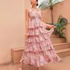 Vestido Feminino Europeu e Americano Novo para Exportação Primavera 2025 Moda Sexy Decote V Alças Estampado Multicamadas