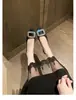 Sapatos femininos estilo francês de pele de carneiro com strass e salto baixo, bico quadrado, cor prata, adequados para combinar com saias, sapatos Mary Jane com salto grosso de couro genuíno