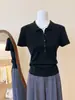 Camiseta de manga curta estilo old money com ombros retos e gola polo para mulheres, top de malha de verão com gola virada, fino, branco