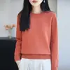 Suéter de Punto de Algodón Puro con Cuello Redondo de Manga Larga para Mujer, Color Sólido, Holgado, Jersey, Camisa Base, Top, Nuevo Otoño/Invierno 2026