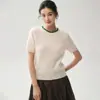 Suéter de cashmere redondo, simples e elegante, moderno, com contas, para mulheres, blusa de malha de manga curta, versátil e afina a silhueta