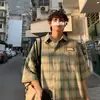Estilo japonês Retro Camisa Xadrez Verão dos Homens Nova Chegada Solta plus size Casual Curto- camisa de manga comprida High Street Moda Jaqueta Da Marca