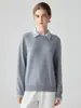 Suéter de punto de cachemira 100% puro estilo universitario con solapa, dos piezas falsas, nuevo color bloqueado para mujer, otoño e invierno, jersey versátil